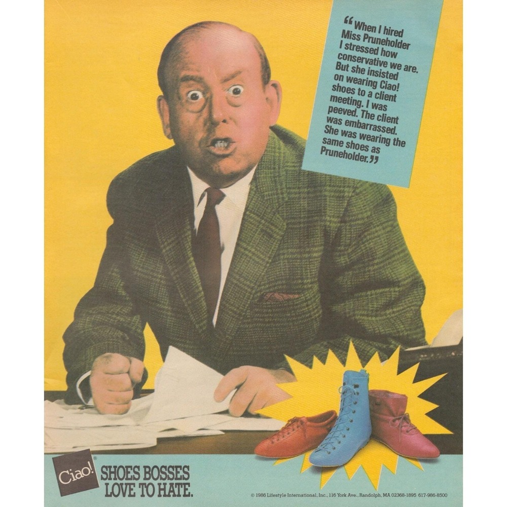 Vintage 1986 Ciao Shoes Print Ad Retro Office Humor 80s Fashion Advertising